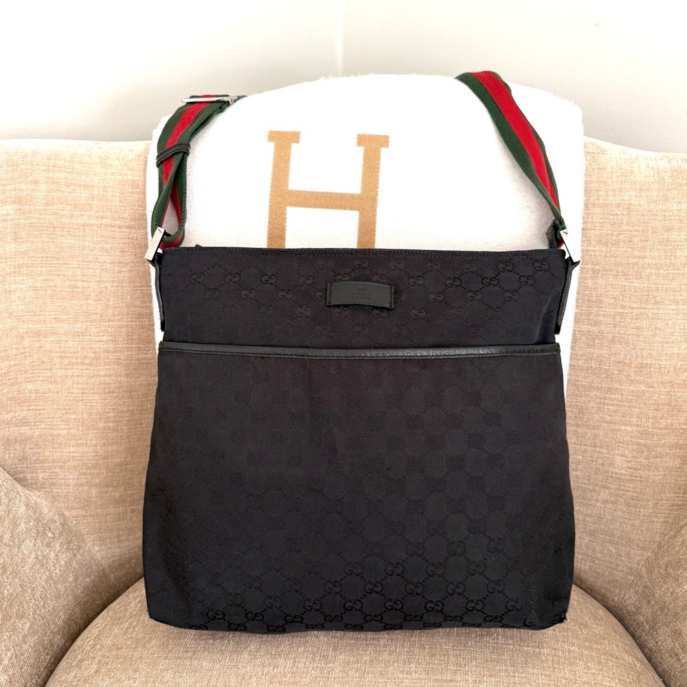 Gucci authentic black monogram canvas crossbody Messanger bag red green ribbon - Picture 4 of 16